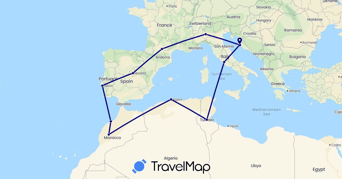 TravelMap itinerary: driving in Algeria, Spain, France, Croatia, Italy, Morocco, Portugal, Tunisia (Africa, Europe)